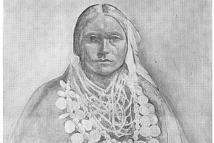 A drawing of a person with long hair and many necklaces.