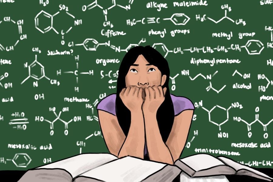 A girl bites her nails while staring at a series of chemistry diagrams.