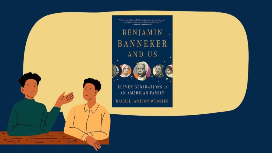 Two men sit talking. Above them is a graphic of a book entitled “Benjamin Banneker and Us: Eleven Generations of an American Family.”