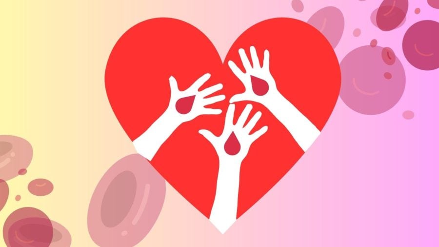 Heart graphic with white hands outstretched against ombre background.