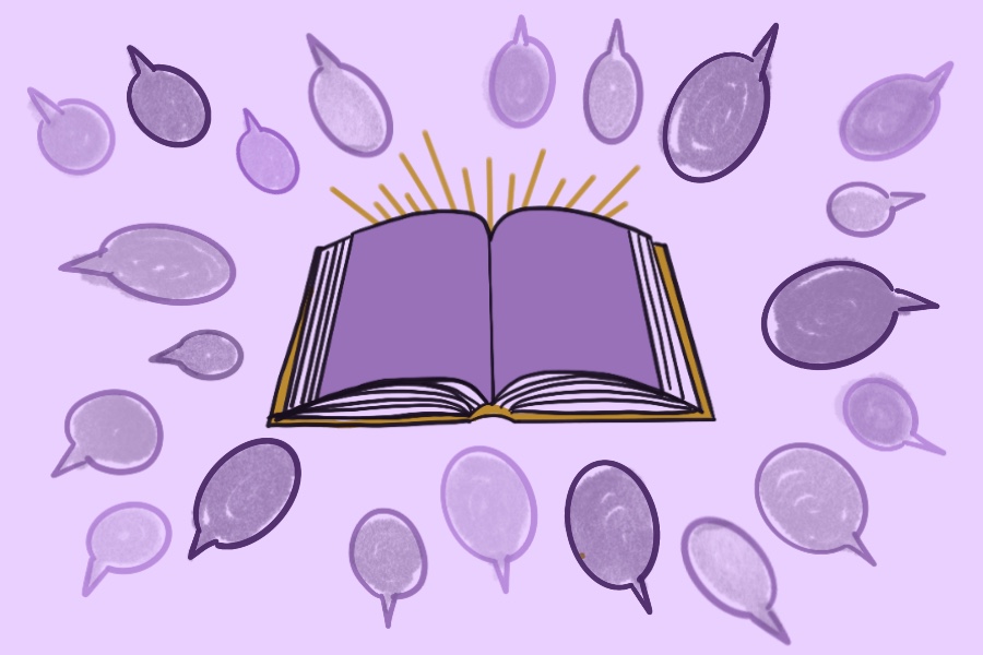 A purple book lies open, surrounded by purple text bubbles.