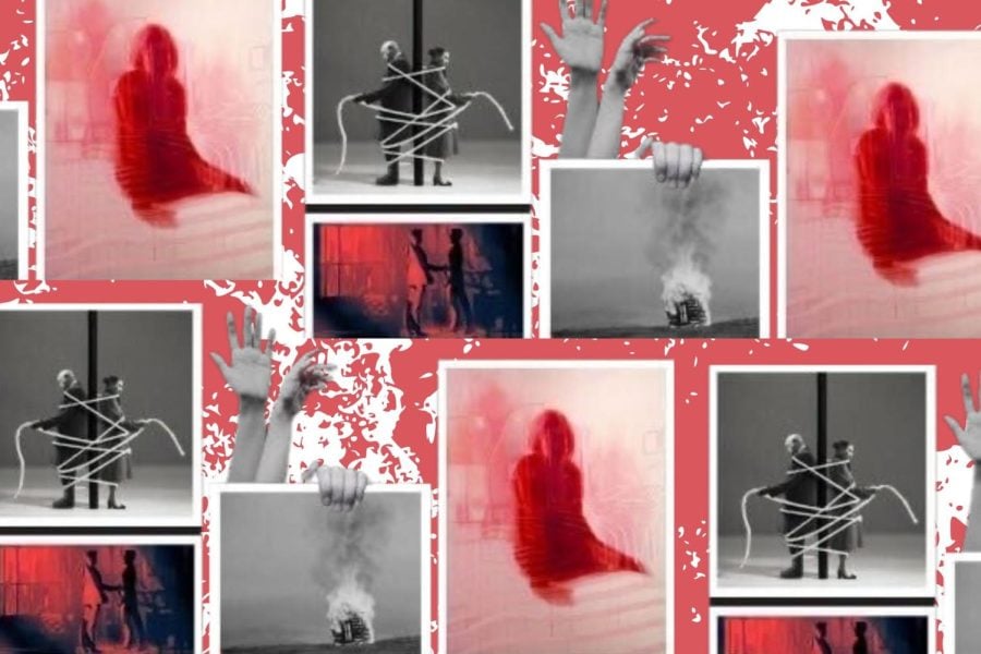 Black and white and red images in a collage.