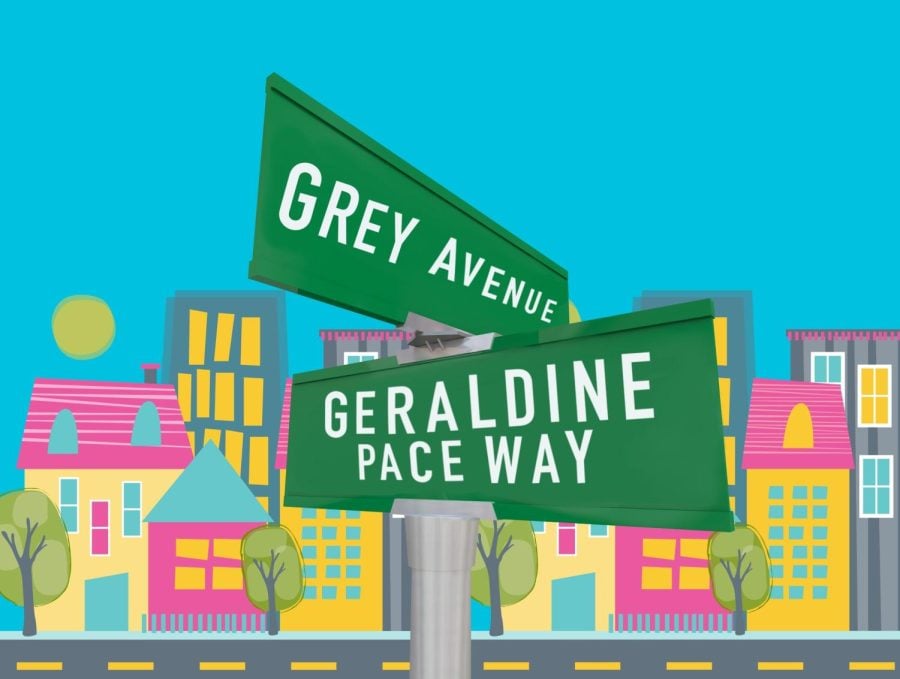 two street signs one reading “Geraldine Pace Way” and one “Grey Avenue” in front of colorful buildings
