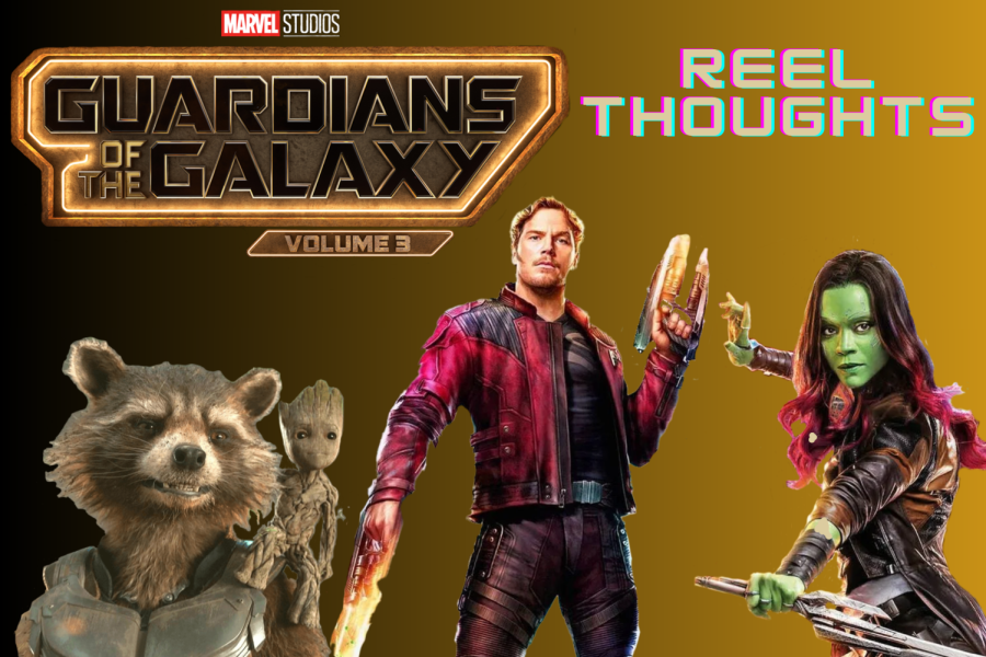 A horizontal black-to-yellow gradient. “Marvel Studios” logo above “Guardians of the Galaxy Vol. 3” logo next to 3D-style words: “Reel Thoughts.” Pictures of Rocket the raccoon with a baby Groot on his shoulder, Peter Quill (Star-Lord) and Gamora.