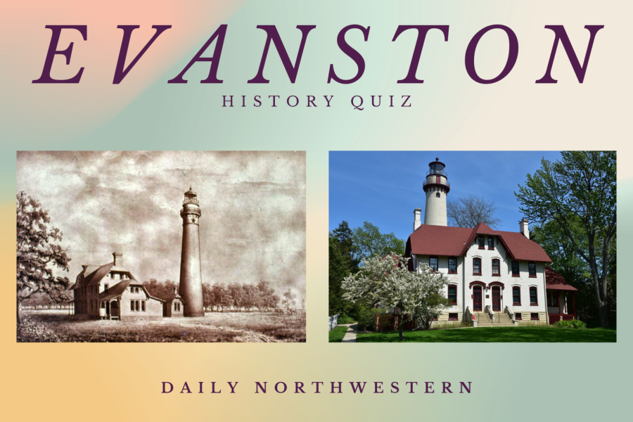 Two pictures of a lighthouse, one new and one old, center the frame with the word Evanston at the top.