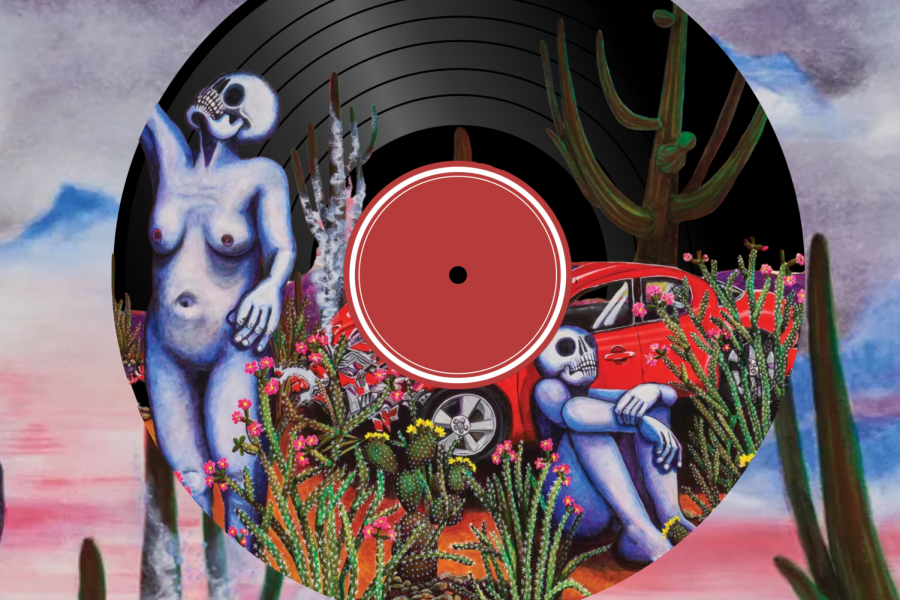 Black record with lower half covered in De Souza’s album art on pink-and-blue sky background with cacti.