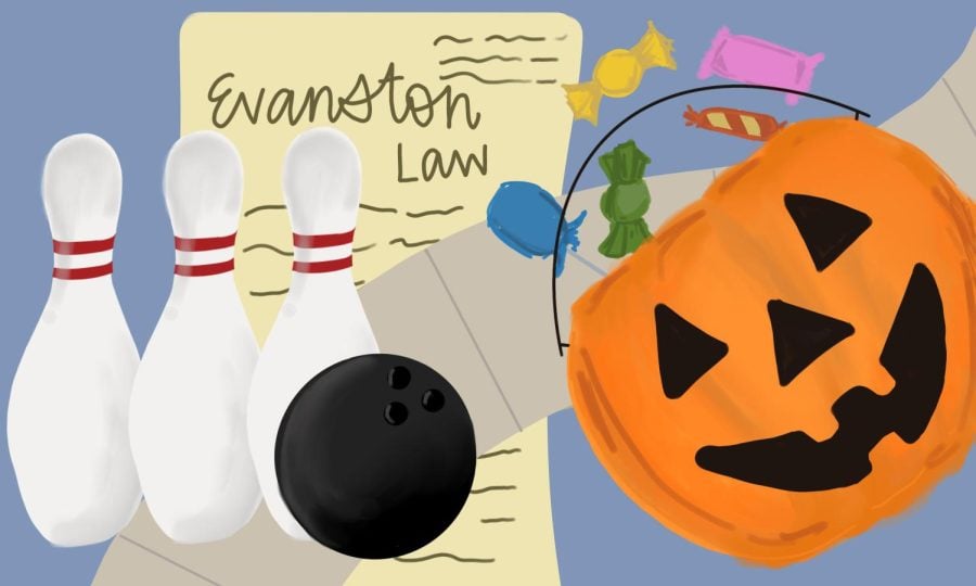 A paper that reads “Evanston Law” with bowling pins and a pumpkin candy container.