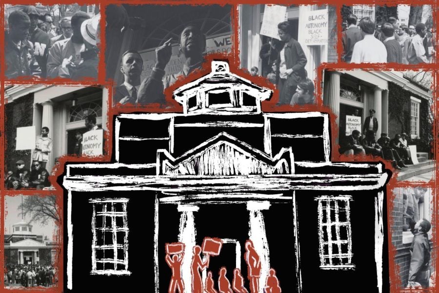 Sketches of people protesting in front of a Black building with chalk-style outlines over a collage of black and white photos of students protesting at the Bursar’s Office in 1968.