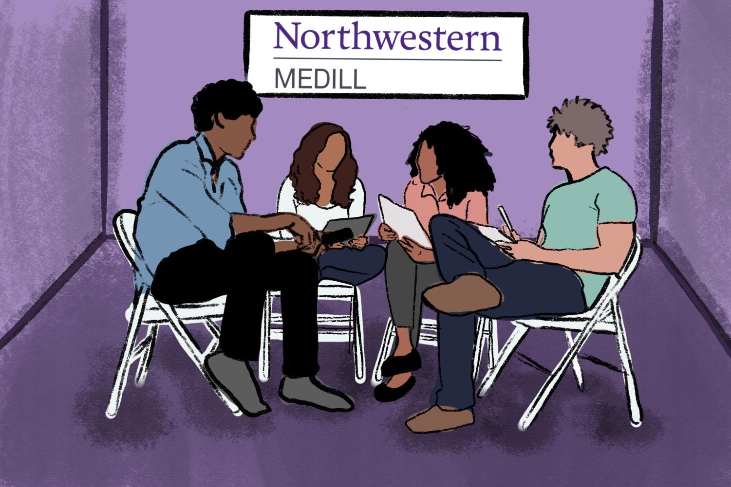 A+group+of+four+people+sit+on+folding+chairs+talking.+A+sign+above+them+says+%E2%80%9CNorthwestern+Medill.%E2%80%9D