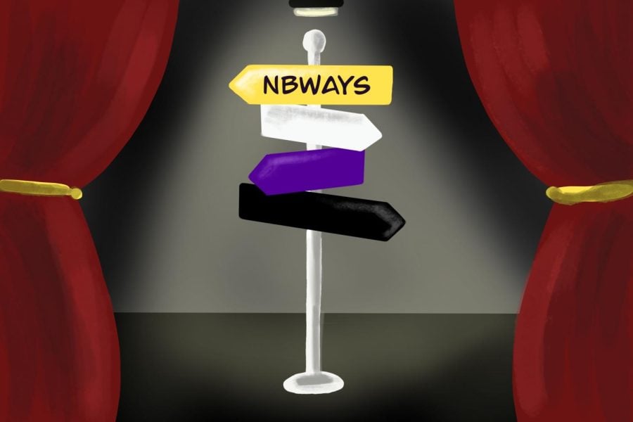 Illustration with a stage curtain and an arrow sign that reads “NBWAYS.”