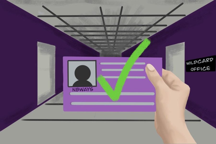 Illustration with a hand holding a purple ID card with a green check mark that reads “NBWays.”