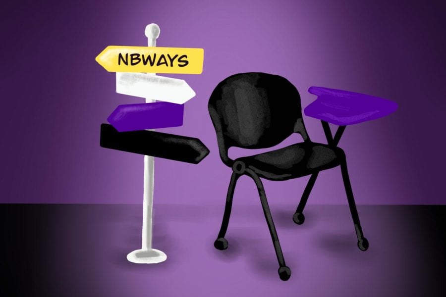 Illustration with a desk chair and an arrow sign that reads “NBWAYS.”