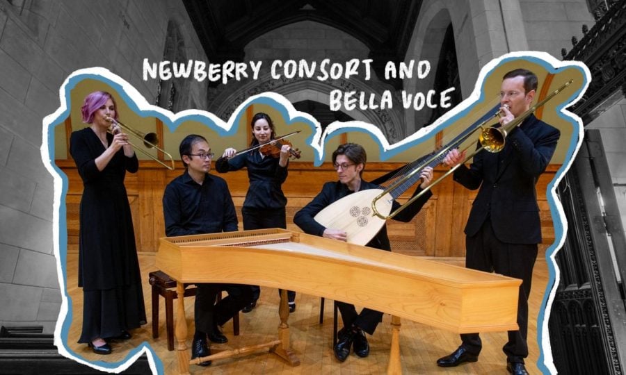 Members of the Newberry Consort, playing the violin, trombones, a theorbo and a harpsichord, in front of a background showing St. Luke’s Episcopal Church.