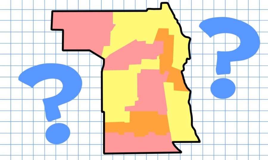 A pink, yellow and orange ward map of Evanston over a white grid with blue question marks.