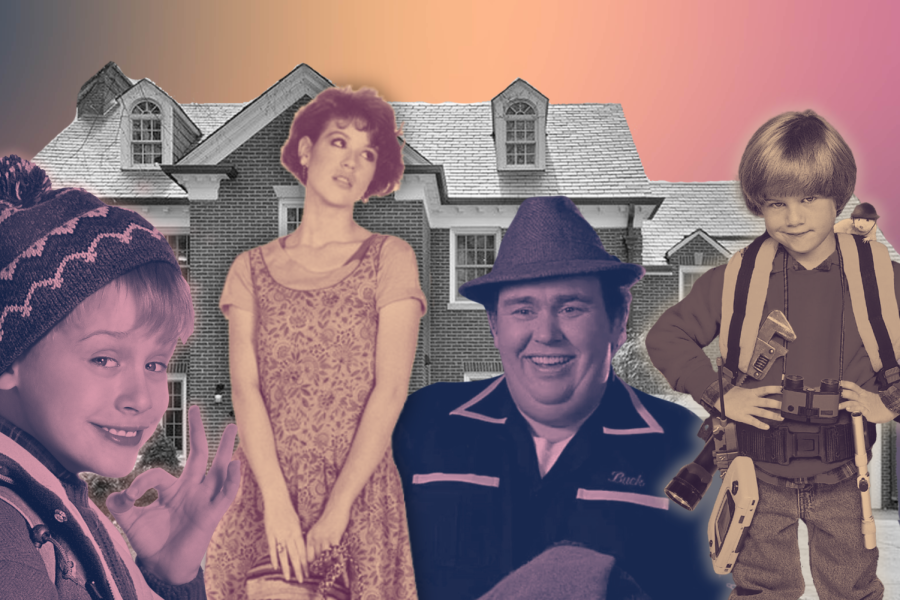 Four people superimposed on a cutout of a gray house atop a colorful background.