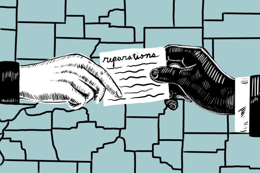 In front of a background including lines signifying maps, a white hand passes a note that says “reparations” to a black hand.