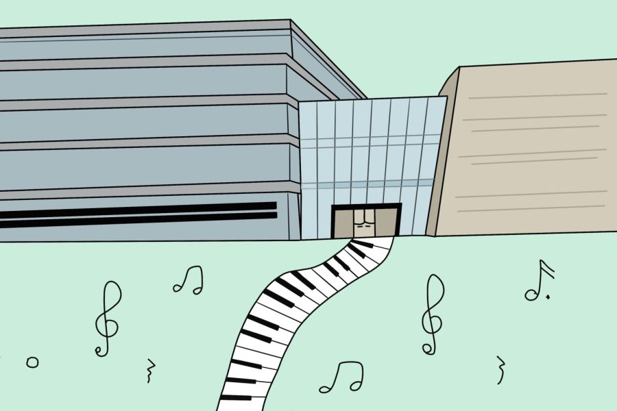 Illustration of Bienen’s building on light green background with black music notes floating and a piano keyboard sidewalk.
