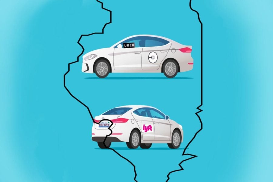 The shape of Illinois with graphics of Lyft and Uber drivers written inside it.