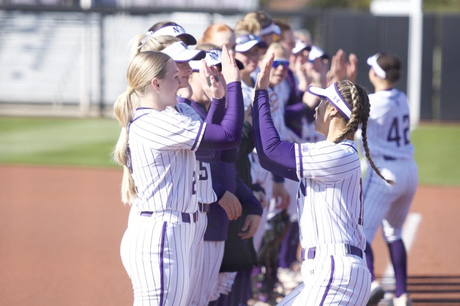Softball players in purple and white stripes line up and high five each other.