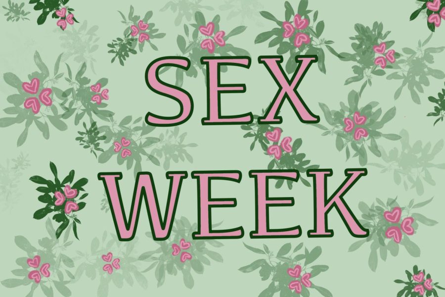 Sex Week written in pink text with a green background and pink flowers.