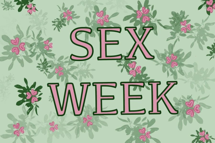 “Sex Week” written in pink text with a green background and pink flowers.