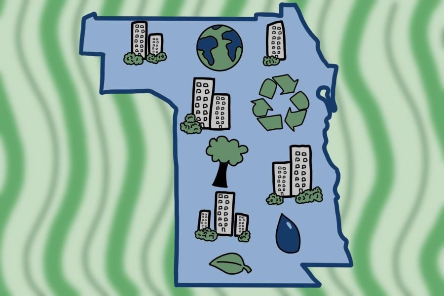 A drawing of the state of Illinois contains buildings, trees, and recycling symbols.