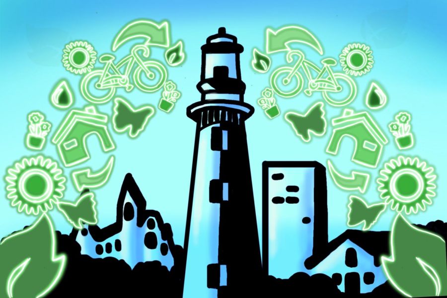A lighthouse surrounded by buildings in front of a blue background featuring green symbols of recycle signs, leaves, houses and flowers.