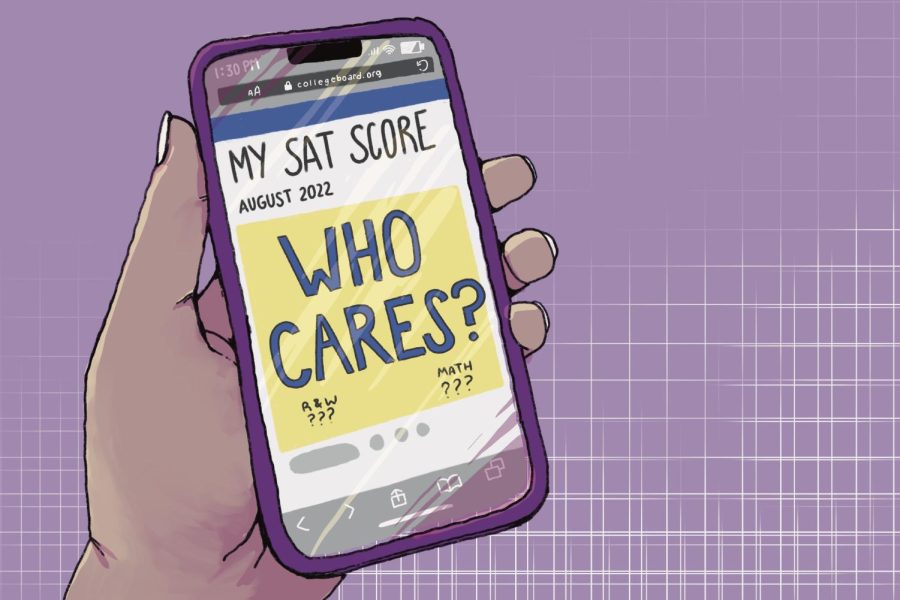 A cellphone with the college board website pulled up and a mockup of an SAT score with the phrase “Who Cares?” in the space that the score would have been.
