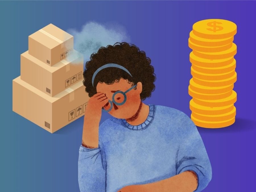 A stressed girl sits with her hand on her forehead. Behind her loom a stack of boxes and a stack of money on either side of her head.
