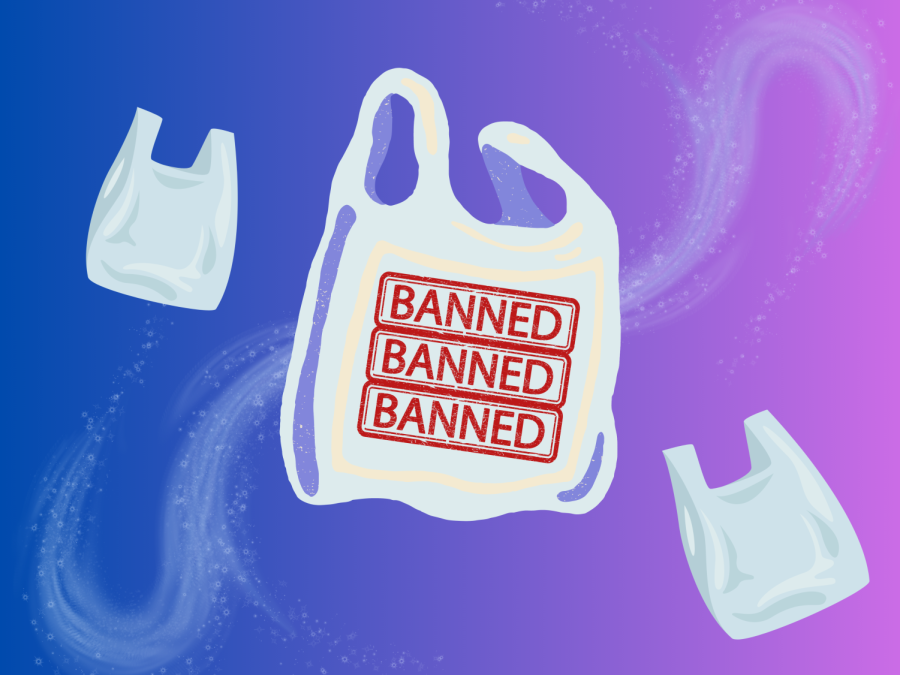 A large, white plastic bag floating aimlessly with three identical stamped words that read “banned” in red on it, with two smaller white plastic bags floating adjacently on an ombré blue-to-pink background with whirly opaque gray stripes with sparkles.