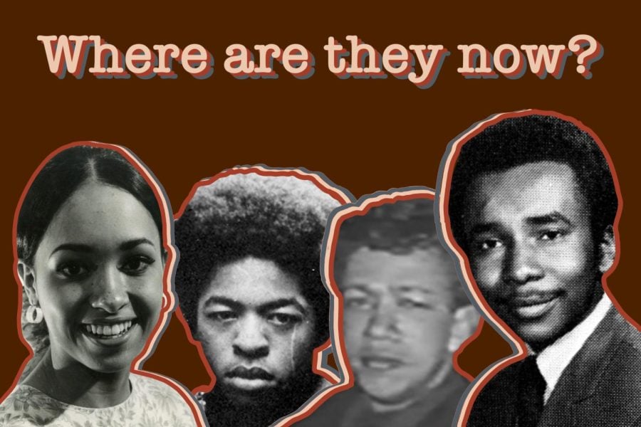 Black and white cutouts of four people with red, pink and grey outlines over a dark red background with the words “Where are they now?” written across the top.
