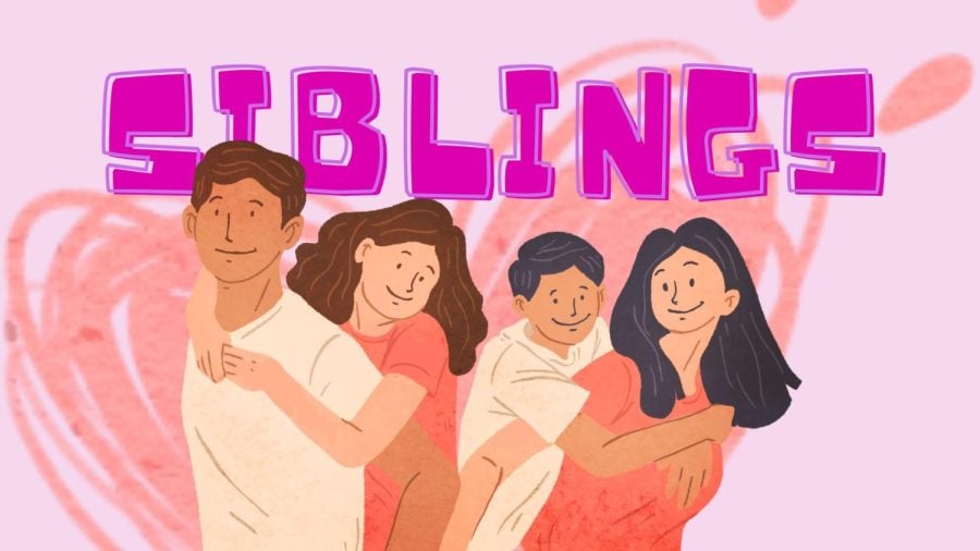 Cartoon siblings in front of the word “siblings” in purple
