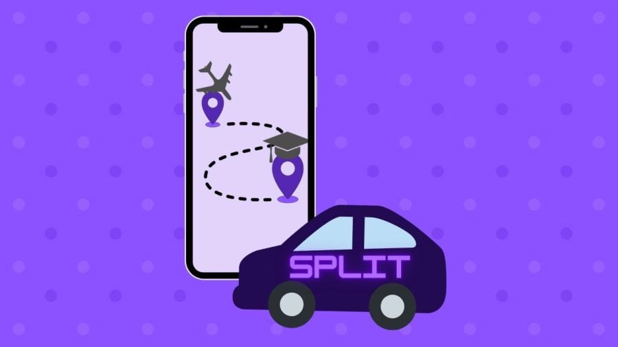 An illustration of a black car with “SPLIT” in light purple text on it. Behind it is a smartphone with several location symbols, an airplane and a graduation cap. The background is purple with polka dots.