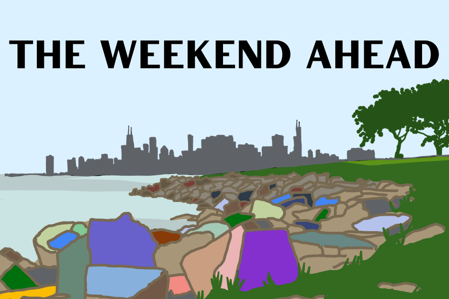 Gray city skyline in front of a light-blue background with colorful rocks in the foreground and the words “The Weekend Ahead” written in black at the top of the illustration.