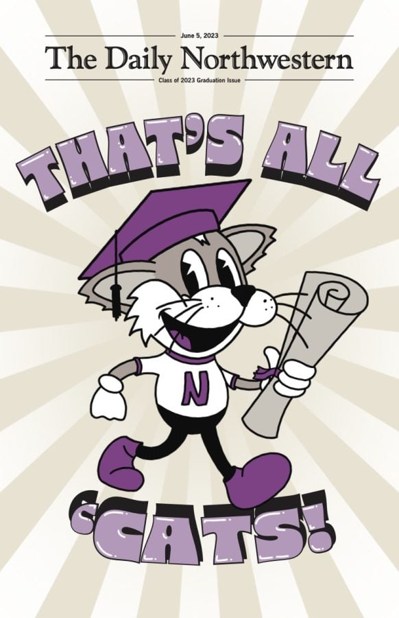A drawing of Willie the Wildcat wearing a grad cap and holding a diploma, surrounded by the phrase Thats all Cats