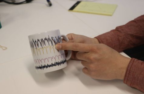 A hand points to lines on a coffee mug.