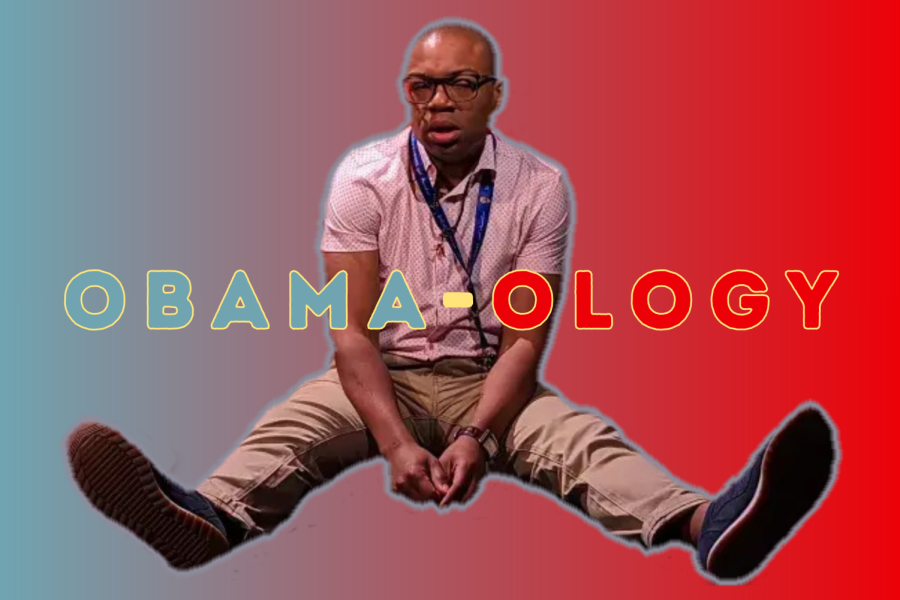 A man sits on the floor. The words OBAMA-OLOGY are displayed in green and red lettering.