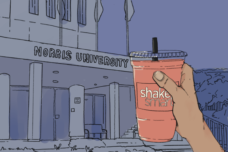 A hand holds a red shake with a label that says “shake smart” In the background, an illustration of Norris University Center can be seen.