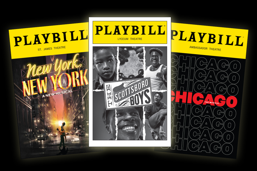 Playbills for “New York, New York,” “Chicago” and “The Scottsboro Boys” on a black background.