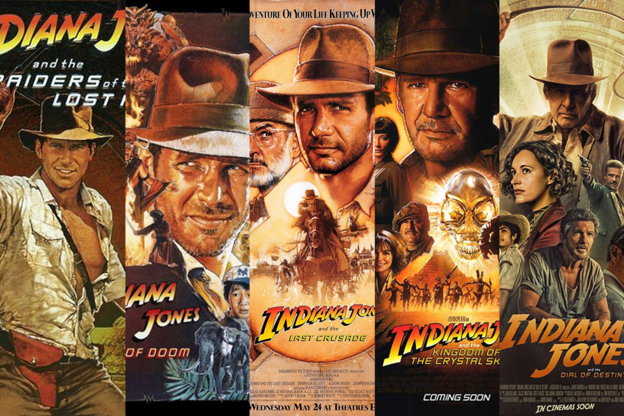 The posters for each of the five Indiana Jones movies stand side by side across the frame.