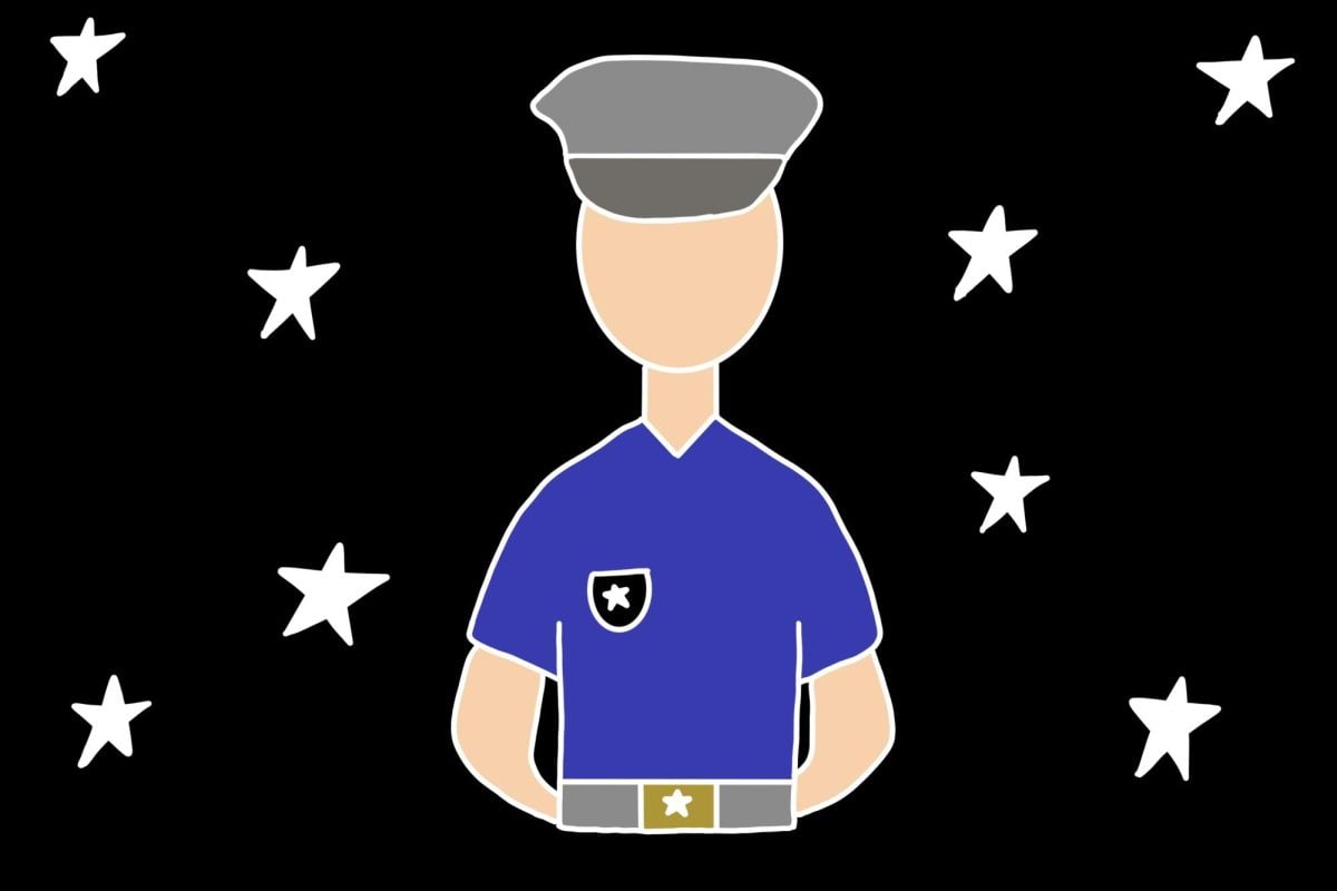 Drawing of a police officer on a black background with white stars.