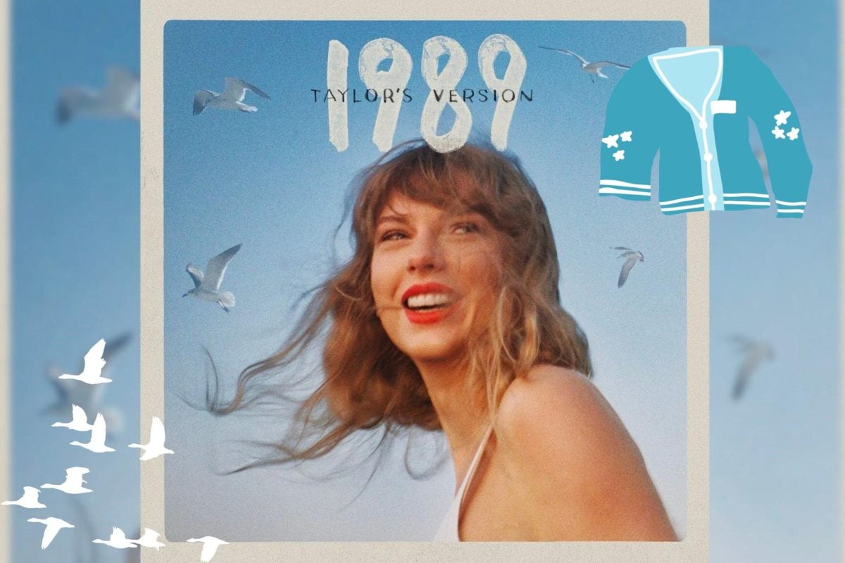Person smiles against background of blue sky and seagulls, with 1989 and Taylor’s Version written above.