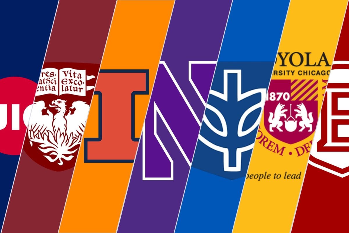 The logos of seven Illinois schools sit in front of their school colors.