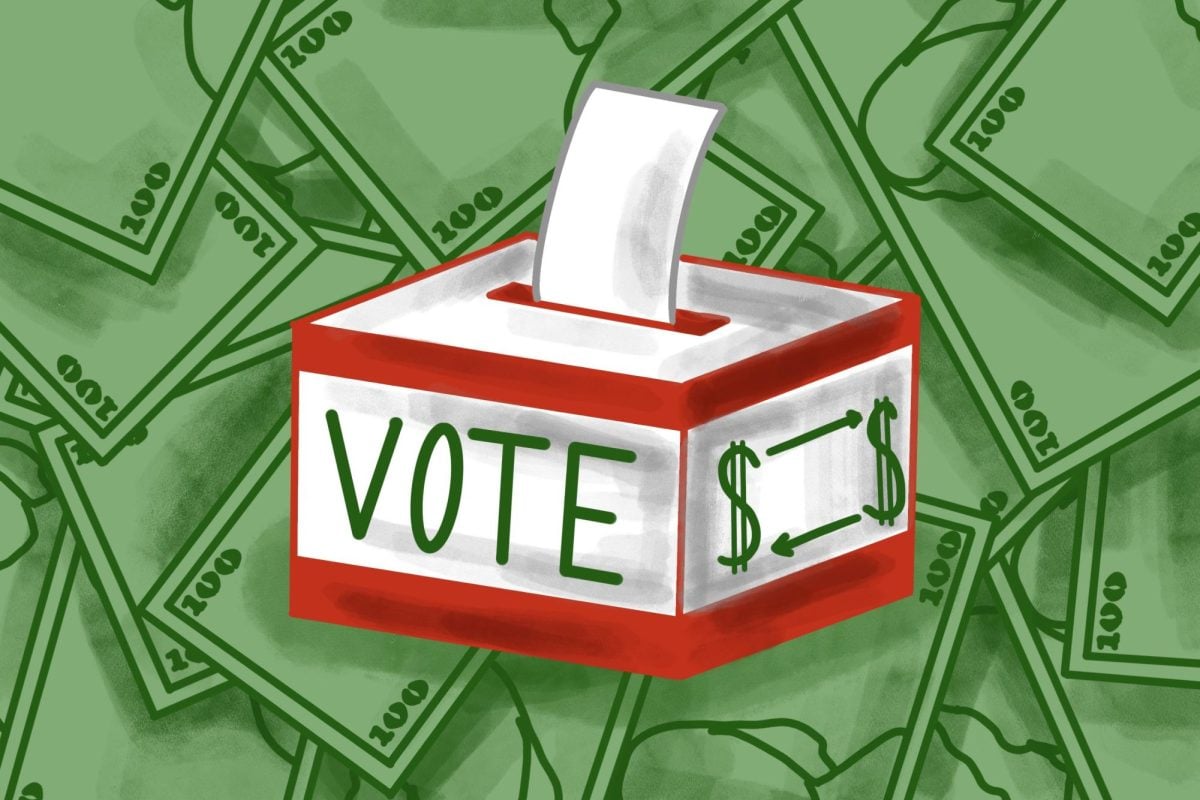 An illustration of a ballot box with the word “Vote” on it sits in front of a background of dollar bills.