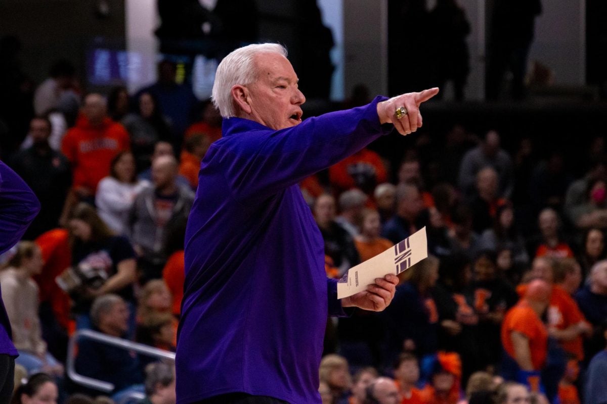 Coach Joe McKeown points during a game. McKeown is entering his 16th season at the helm of Northwestern women’s basketball. 