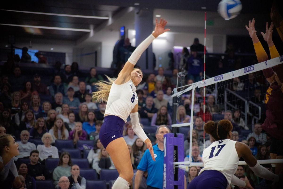 Sophomore+outside+hitter+Averie+Hernandez+hits+the+ball.+Hernandez+tallied+20+total+kills+in+this+weekends+matches+against+Rutgers+and+Penn+State.%0A