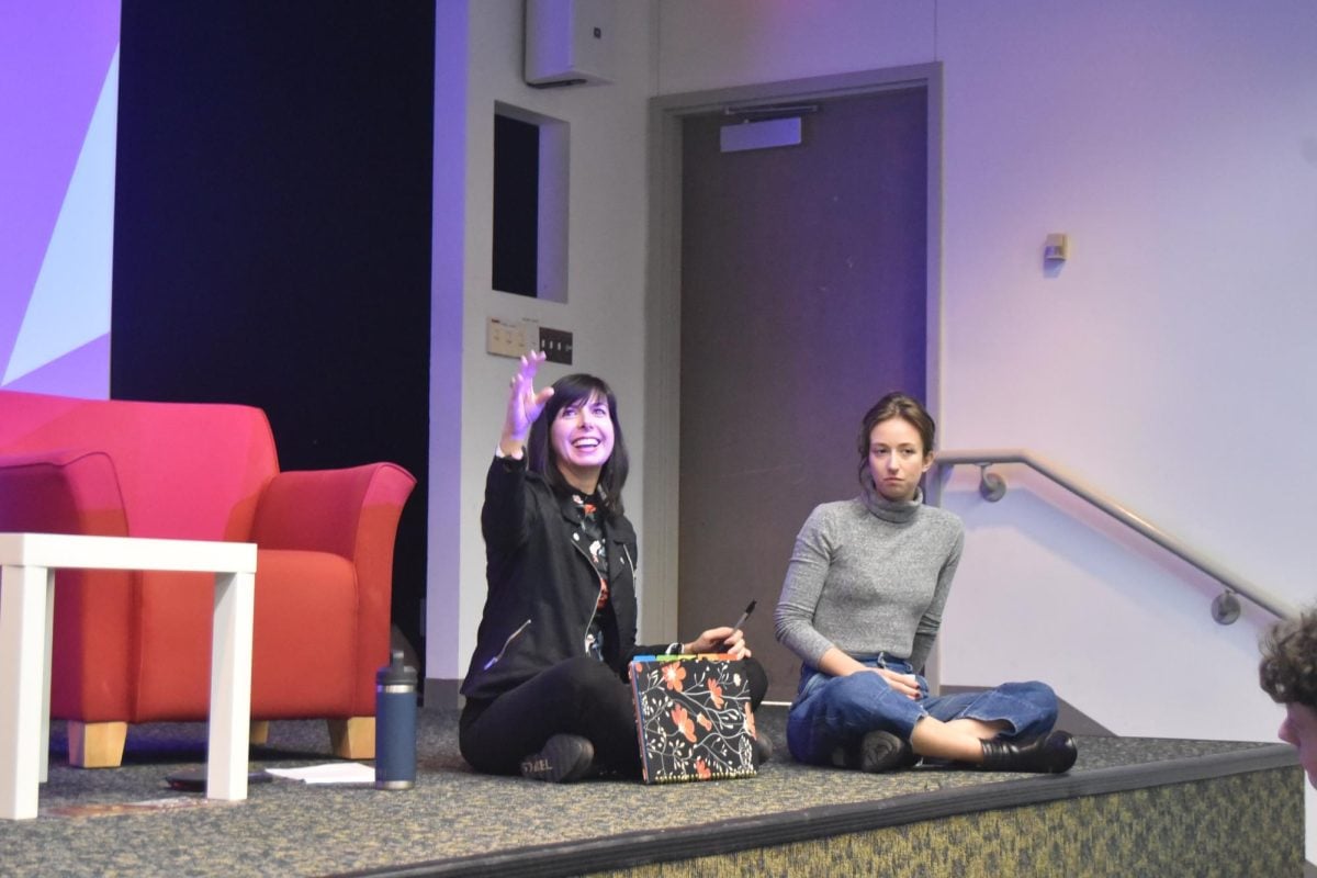 Northwestern alumnus and playwright Selina Fillinger (right) discusses her experiences as a writer for TV, film and theater with theatre Prof. Laura Schellhardt (left).