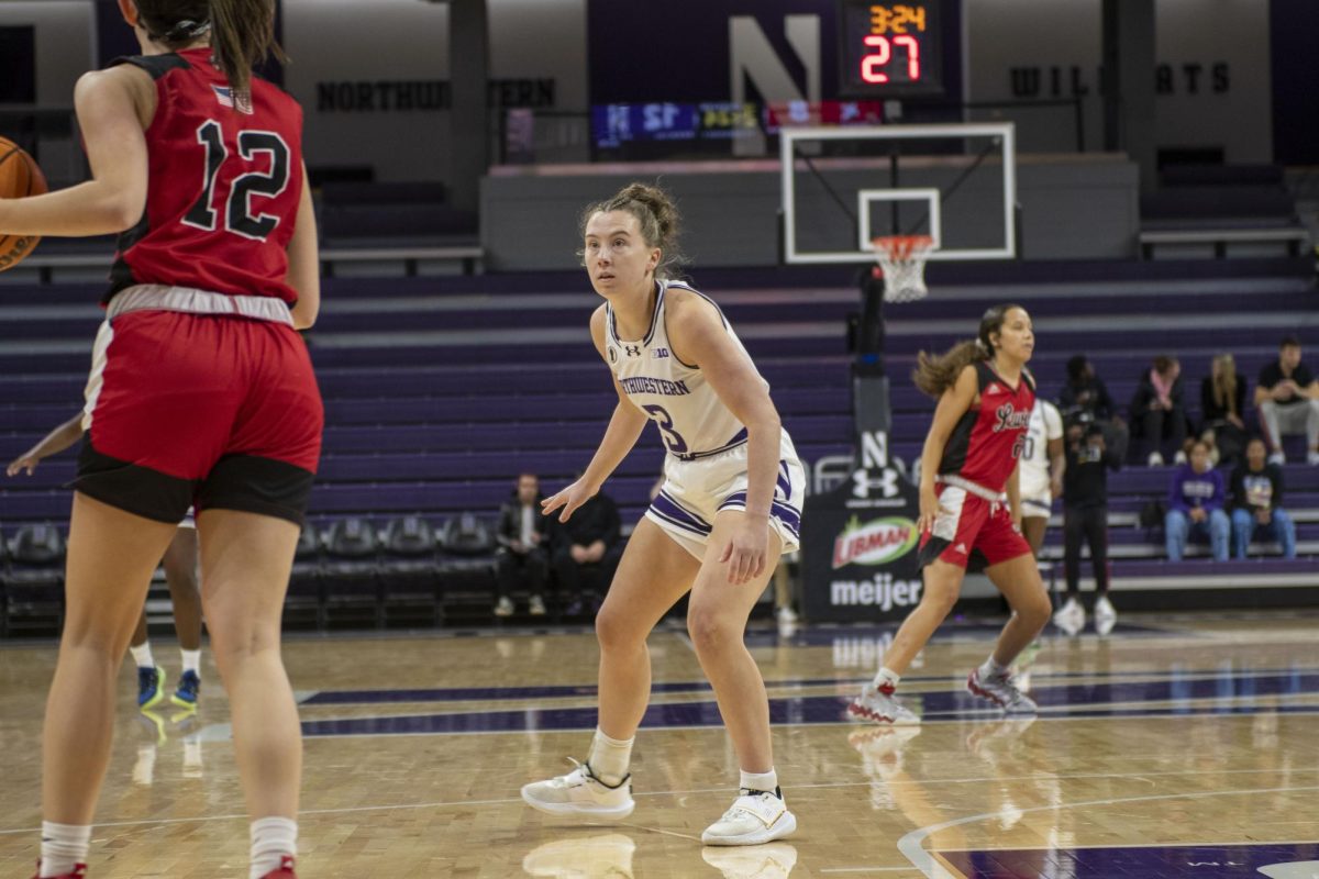 Graduate student guard Maggie Pina plays defense. Pina, a transfer from Boston University, will look to improve NU’s 3-point shooting this season. 