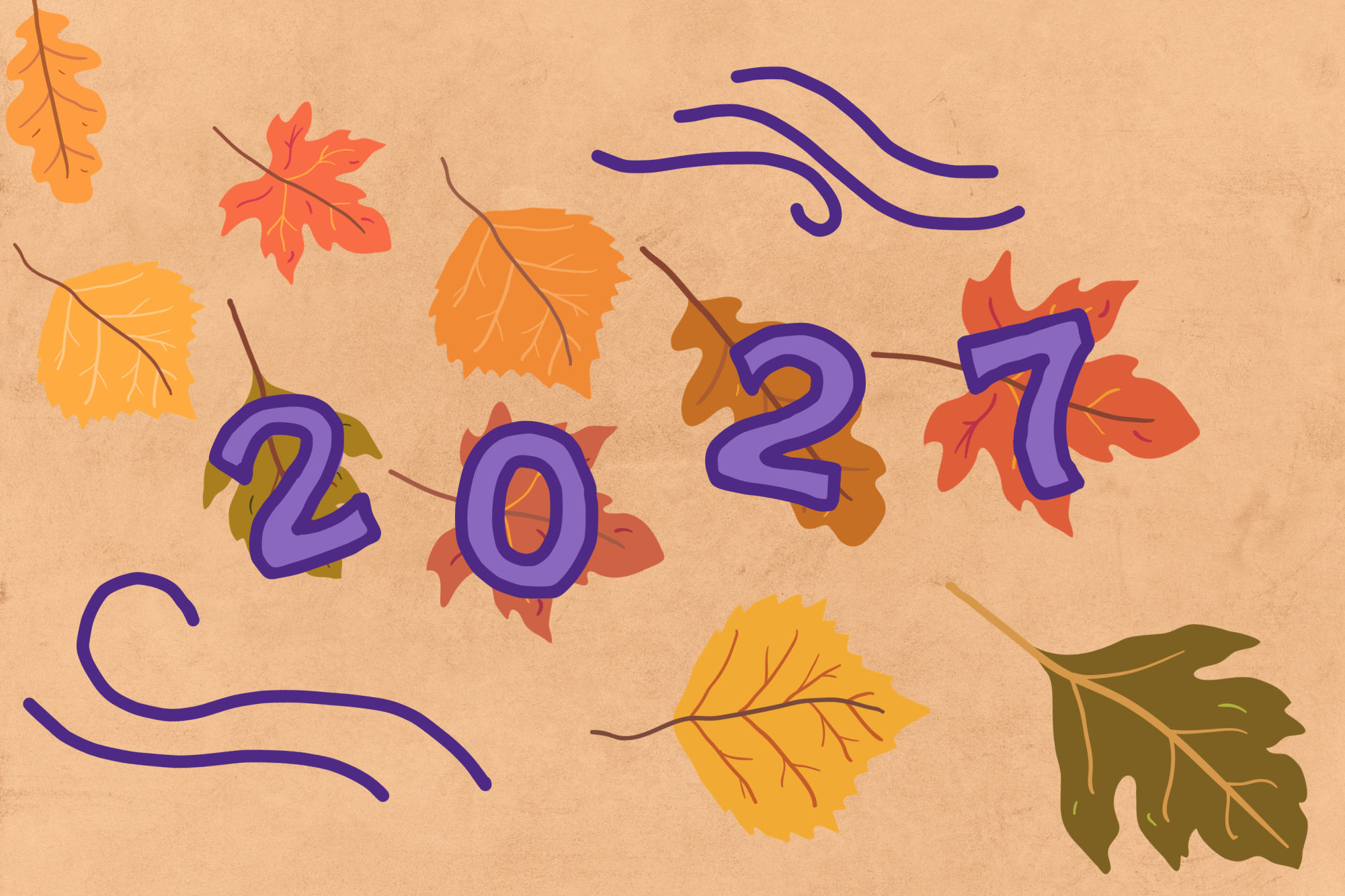 An illustration with ‘2027’ written in purple text with fall leaves behind on a yellow background.