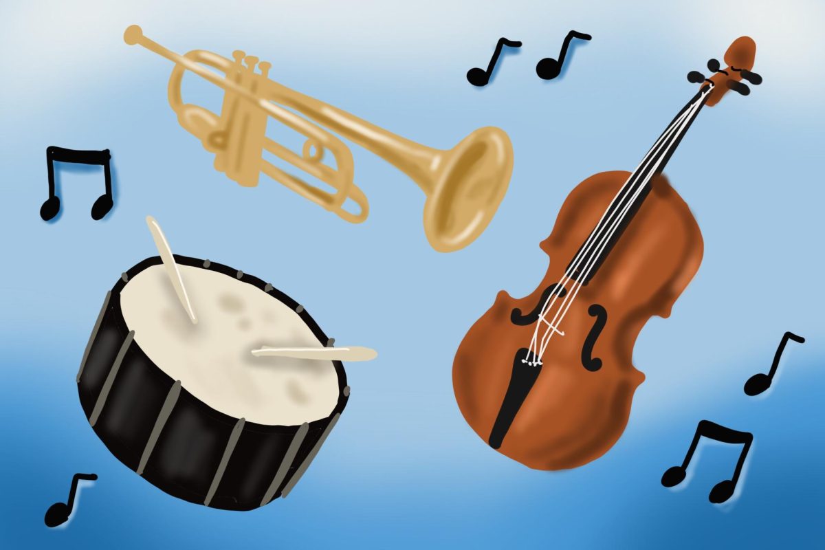 An illustration of a black drum, a trumpet and a cello along with music notes are in front of a blue background.